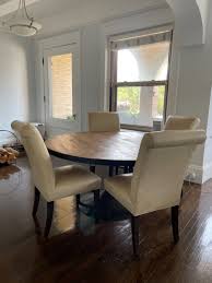 My table is not perfect. Restoration Hardware Pedestal Dining Table With Italian Leather C Brookline Ma Patch