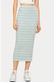 Simple Light Blue Stripe Printed Slim Fit Maxi Skirt For Women Beautifulhalo Com