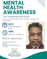 Join our discussion about mental health and the importance of support in  communities for Mental Health Awareness Month, presented by Dr. Kerry Scott  at the Carver-McDonald Branch! To see all future events,