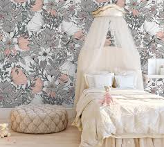 Wild flowers, garden flowers, delicate blossoms, meadows and detailed single blooms. Gray And Pink Floral Wallpaper Garden Flowers Wall Mural Girls Etsy