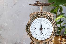 Vintage style small kitchen scale clock farmhouse decor beige mantel clock. Old Vintage Kitchen Scale Close Up On Concrete Background Green Stock Photo Picture And Royalty Free Image Image 114737933