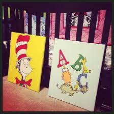 Dr Seuss Inspired Canvases Hand Painted Cat In The Hat And Abc Great For Bedrooms Bathrooms Or Playrooms Hand Painted Canvas Hand Painted Cartoon Painting