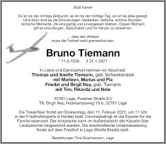 Die villa überzeugt sowohl von der architektur, lage als auch einrichtung und entspricht den gezeigten bildern. Traueranzeigen Von Bruno Tiemann Lz Trauer