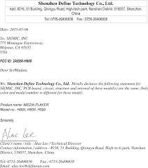 Write the person's whole name. H800 Media Player Cover Letter Date Shenzhen Define Technology