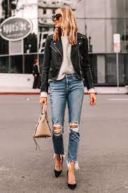 Fashion Jackson Wearing Black Leather Jacket White Chunky Sweater Ripped Jeans Black Pumps Beig Fashion Jackson Jacket Outfit Women Black Leather Jacket Outfit