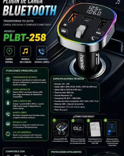 LLEGANDO PLUGIN BLUETOOTH HARVIC PLBT-258🚘🚘 1 PUETO TIPO C 2 PUERTOS USB  MUSICA MP3 ECUALIZADOR PONER MUSICA POR USB LUCES RGB **🔥🔥🔥