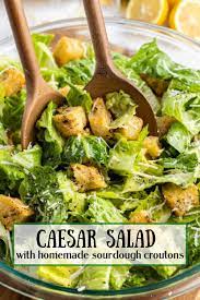 Caesar Salad With Homemade Sourdough Croutons Recipe In 2021 Homemade Ceasar Salad Hearty Salad Recipes Croutons Homemade