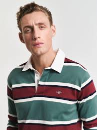 GANT Yarn-Dyed Stripe Heavy Rugby Shirt, Woody Green