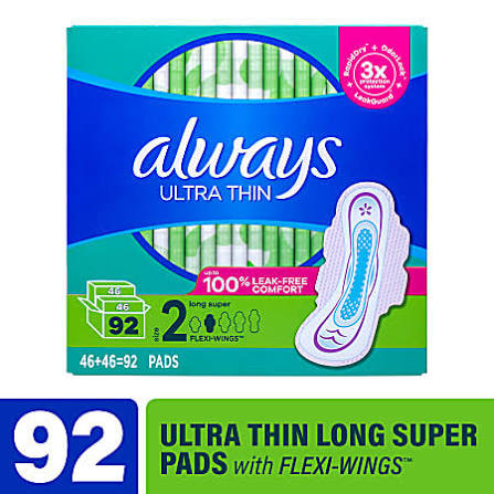 Always Ultra Thin Long Super Pads with Flexi-Wings, Unscented, Size 2, 92 ct.