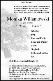 Exklusiv für uns angeschlossene unternehmen gewähren das wochenblatt, die sonntagsnachrichten und auch die waz bei anzeigenschaltung nachlässe von bis zu 40%. Traueranzeigen Von Monika Willamowski Trauer Lokalkompass De
