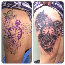 New Thigh Tattoo Black Grey And White Cover Up Of Old Tattoo Tattoo Thigh Roses Pocketclock Girl Coverup Cover Up Tattoos Thigh Tattoo Tattoos