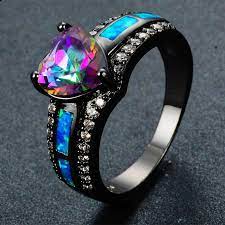 Bohemian Style Blue Fire Opal Black Ring Opal Heart Ring Black Gold Ring Black Gold Jewelry