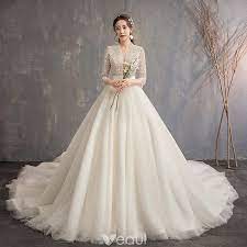 Chinese Style Ivory Wedding Dresses 2019 A Line Princess V Neck 3 4 Sleeve Handmade Beading Glitter Tulle Cathedral Train Ruffle Ivory Wedding Dress Wedding Dresses Ball Gowns Wedding