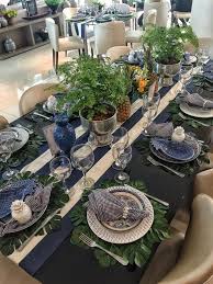 Blue White Green Table Setting With Ferns And Pineapples Green Table Settings Dinner Table Setting Table Settings