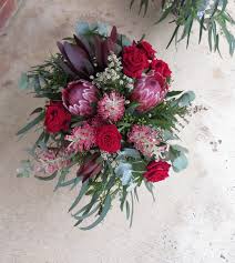 Native Wedding Flowers Bouquet Roses Rich Burgundy Red Warm Protea Rustic Cou Red Bouquet Wedding Wedding Flower Decorations Flower Bouquet Wedding