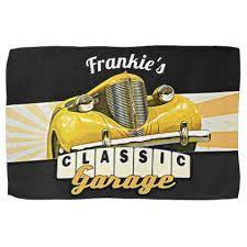 Personalized Your Name Classic Car Garage Kitchen Towel Zazzle Com Classic Car Garage Classic Cars Car Gifts