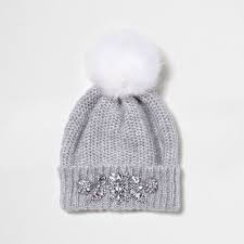 River Island Grey Jewel Embellished Faux Fur Bobble Hat Featuring Polyvore Women S Fashion Accessories Hats Grey Women Fur Bobble Hat Womens Scarves Hats