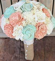 1 bride's round bouquet (10 round) coral dahlias, ivory dahlias, coral, ivory and robin's egg blue. Coral And Spa Wedding Flower Trends Natural Bouquet Wedding Diy Wedding Flowers