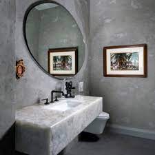 A modern powder room, with small marble look chevron tiles and concrete look floors. 75 Beautiful Gray Powder Room Pictures Ideas June 2021 Houzz