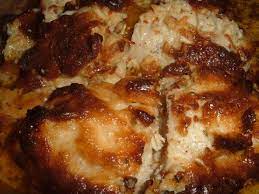 The breaded chicken is covered in cheddar cheese, baked, then topped with cheese sauce. Pin On Food