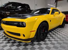 Dodge Challenger Srt Demon Painted In Yellow Jacket W A Matte Black Hood Photo Taken Dodge Challenger Dodge Challenger Hellcat Dodge Challenger Srt Hellcat