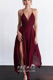 Flowy Burgundy Chiffon V Neck Open Back Party Dress Burgundy Prom Dress Evening Dresses Prom Cheap Prom Dresses