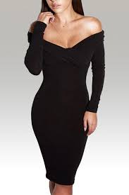 Plain Black Color Off Shoulder Cross Front Midi Dress With Long Sleeves Us 22 99 Yoins Fashion Black Bodycon Dress Long Sleeve Bodycon Dress