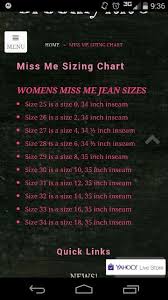 Miss Me Jeans Size Chart In 2019 Miss Me Jeans Sizes Miss