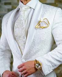 Males S White Brocade Marriage Ceremony Tuxedo With Scarf Collar Tie And White And Gold P Brocade Coll Wedding Suits Groomsmen Prom Suits Wedding Suits