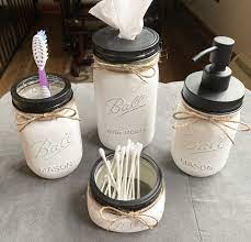 The set pictured is done in vintage chalk paint. Mason Jar Bathroom Decor Set Mason Jar Bathroom Decor Bathroom Decor Sets Mason Jar Bathroom