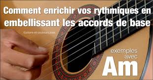 Vidéo pédagogique plutôt destinée aux débutants, présentant les principales positions d'accords majeurs, mineurs, 7ème, 4te, 2nd, 6te, 7m…et montrant comme… Enrichir Vos Rythmiques En Embellissant Les Accords Exemple Avec Am
