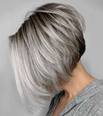 Inverted Layered Gray Bob With Brown Roots Coupe De Cheveux Coupe Cheveux Carre Plongeant Cheveux Gris Carre