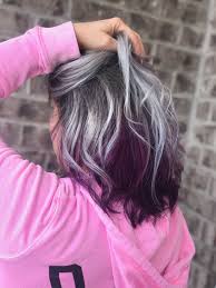 Icy Blonde With Silver And Dark Shadow Roots With Purple Peekaboo Purple Blonde Hair Silver Blonde Hair Blonde Hair With Roots