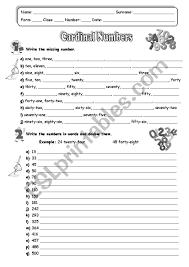 In this 2nd grade math worksheet, your child will practice writing even numbers and counting by 2 from 90 to 150 as they write the missing numbers in the . Cardinal Numbers 1 1000 Esl Worksheet By Barbcel