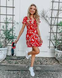 Red Floral Dress Nike Sneakers Red Floral Dress Outfit Floral Dress Outfit Summer Red Dress Outfit
