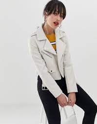 Stradivarius Pu Biker Jacket In White Asos Pu Biker Jacket Biker Jacket Outfit White Leather Jacket