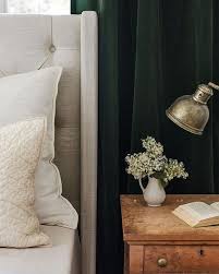 Color Pallet Dark Green Curtains Light Gray Cloth Headboard Brown Nightstand Rustic Gold Table Lamp Bedroom Green Bedroom Decor Rustic Bedroom