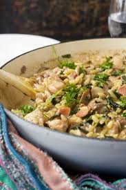 One Pot Creamy Chicken Bacon And Mushroom Orzo Recipe Pasta Dishes Bacon Stuffed Mushrooms Stuffed Mushrooms