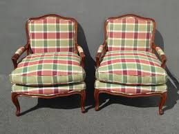Pair Vintage French Country Red Plaid Down Accent Chairs Ethan Allen Style French Cottage Living Room Accent Chairs Chair