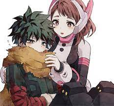 midoriya izuku, uraraka ochako, boku no hero academia, spoilers, 1boy,  1girl, arm on thigh, bags under eyes, blush, bodysuit, bright pupils, brown  eyes, brown hair, cape, coi mha, dirty, dirty clothes, dot