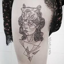 See more ideas about portrait, face drawing, sculpture clay. Sketch Style Black Ink Thigh Tattoo Of Woman Face With Tiger Helmet With Geometrical Figures Tattooimages Biz