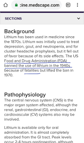 Lithium is used for mental illnesses, including bipolar disorder, depression, and schizophrenia. Ldgulbaran On Twitter Lithium The Us Food And Drug Administration Fda Banned The Use Of Lithium In The 1940s Because Of Fatalities But Lifted The Ban In 1970 Https T Co O05tt3cf5g Bigpharma Psikiyatri Bpd