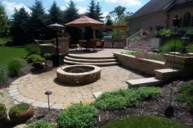 Outdoor Patio Terrace With Outdoor Fire Pit In The Foreground And Retaining Walls Built By H Landscaping Backyard Firepit Area Fire Pit Landscaping Backyard