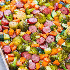 Sheet Pan Turkey Sausage And Vegetables Averie Cooks Recipe Turkey Sausage Recipes Turkey Kielbasa Recipes Keilbasa Recipes