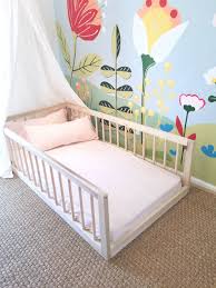 Twin Montessori Floor Bed With Three Round Spindle Railings Etsy Floor Bed Toddler Floor Bed Kid Beds
