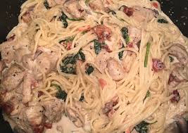 Chicken Spaghetti With Bacon Spinach Tomato Mushrooms Recipe By Jessica Johnson Cookpad