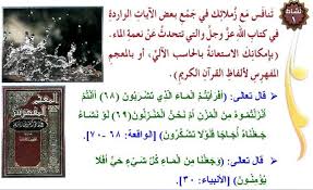 تنافس مع زملائك في جميع بعض الآيات الواردة في كتاب الله عز وجل والتي تتحدث عن نعمة الماء بإمكانك الاستعانة بالحاسب الآلي أو بالمعجم المفهرس لألفاظ القرآن الكريم المكتبة التعليمية