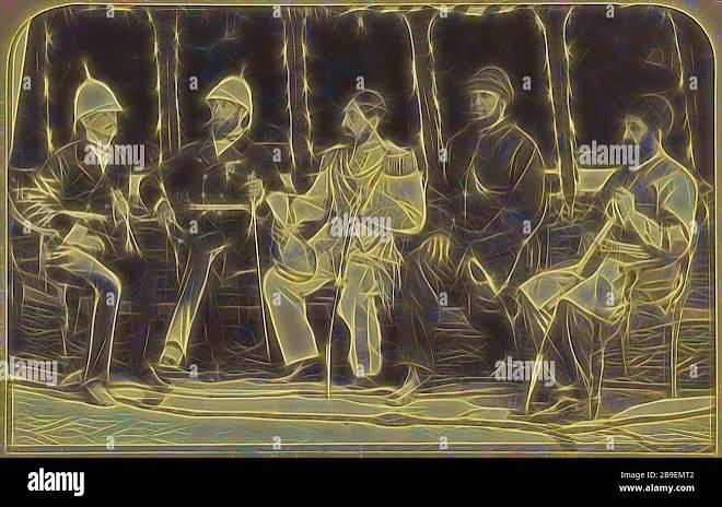 Group, The Amir Yakub Khan, General Daod Shah, Habeebula Moustafi with Major Cavagnari C.S.I. and Mr. Jenkyns, John Burke (British, active 1860s - 1870s), Afghanistan, May 1879, Albumen silver print, Reimagined by