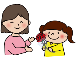 母の日にカーネーションのお花をあげる子供（女の子）の無料(フリー)イラスト | かわいい手描きの無料素材「てがきっず」保育園・小学校・介護施設にぴったり のフリー素材イラスト