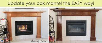 How To Easily Update An Oak Mantel Thriving Home Oak Mantel Living Room Remodel Oak Fireplace
